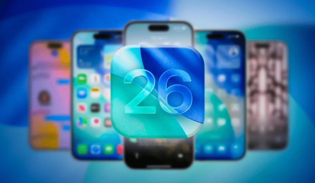 iOS 26 logo with Apple iPhone 17 background showcasing new features and updates in 2025