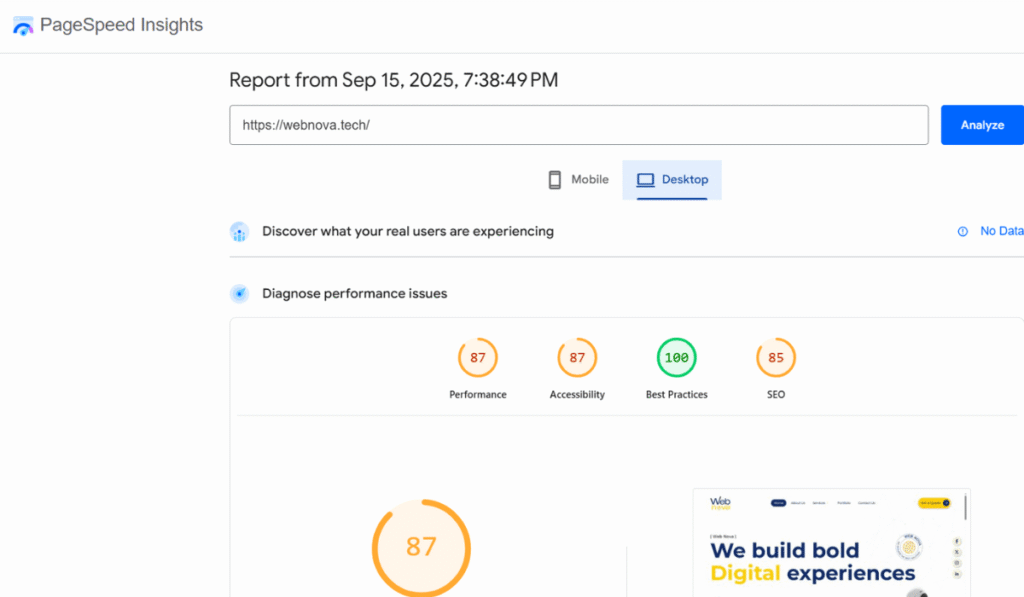 page speed insight - web nova