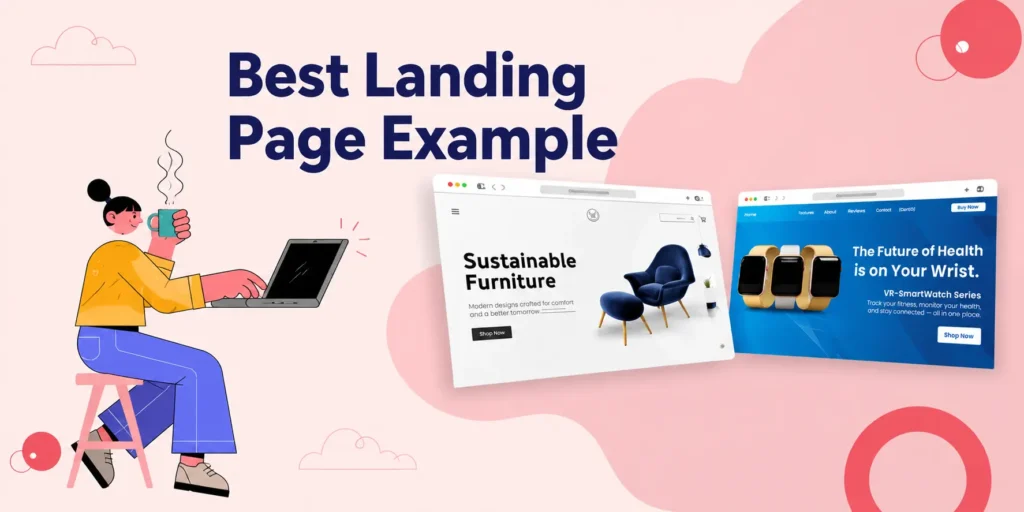 Best landing page example banner with a designer illustration, laptop, and two website landing page mockups on a pink creative background.