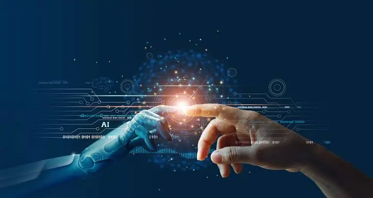 AI-powered chatbot technology connecting human and robotic hands to improve customer support and business growth
