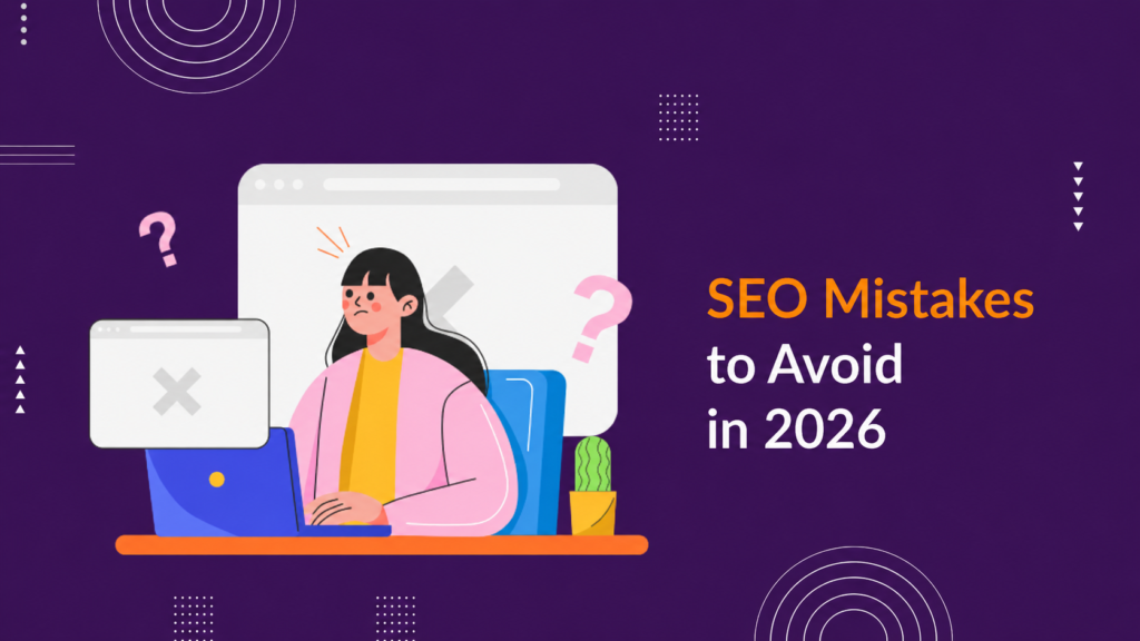 SEO mistakes and website optimization errors concept illustration