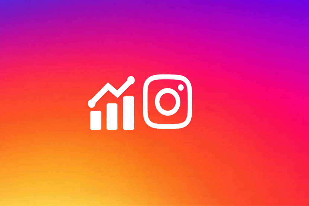 Instagram growth strategies concept graphic featuring a white analytics growth icon next to the Instagram logo on a vibrant pink, orange, and purple gradient background.