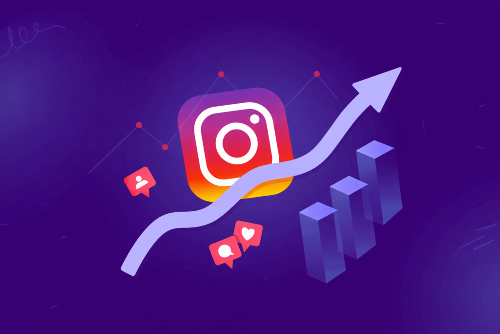 Instagram growth strategies illustration showing the Instagram logo, an upward growth arrow, engagement icons, and rising bar charts on a dark purple background.
