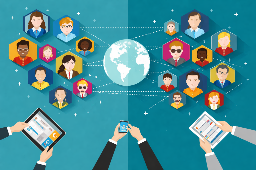 Instagram strategy illustration showing a global social network with connected user avatars, a central world map, and people using digital devices to represent audience engagement and online communication.