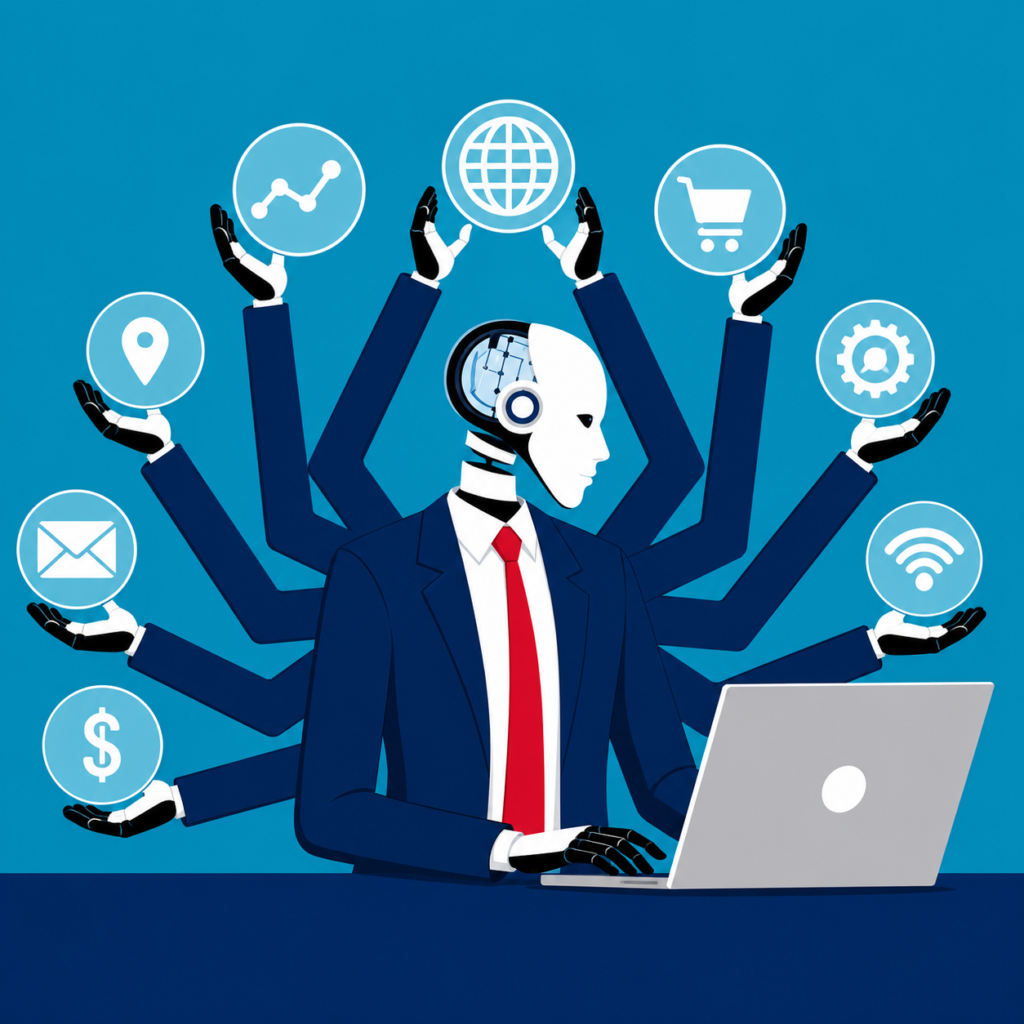 Illustration featuring a multitasking AI robot managing analytics, communication, eCommerce, automation, and business operations from a laptop.