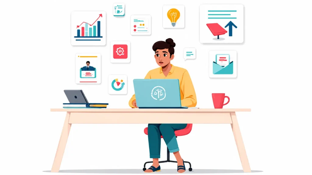 Illustration of a business owner using a laptop with analytics, automation, email, and productivity icons to improve workflow and business growth.