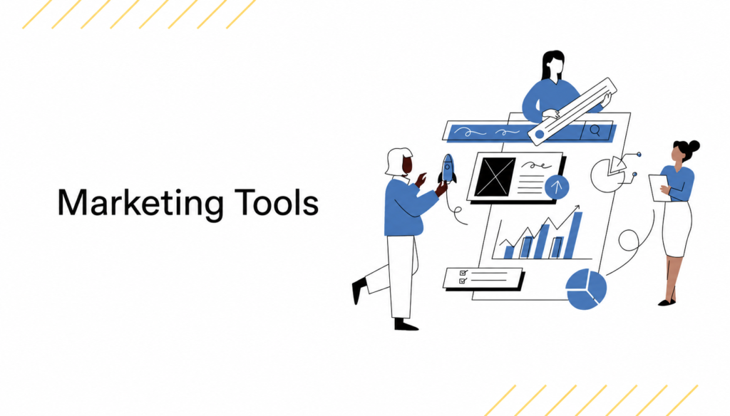 Illustration of digital business analytics featuring charts, dashboards, automation tools, and team collaboration for business growth.