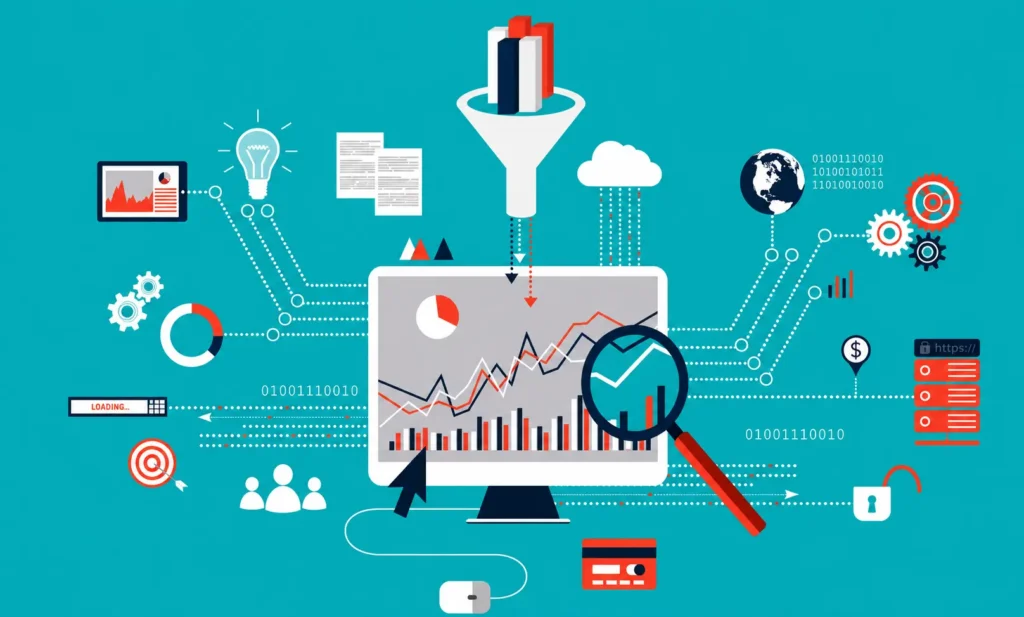 AI business analytics dashboard with charts, automation, cloud computing, and data visualization for small businesses.