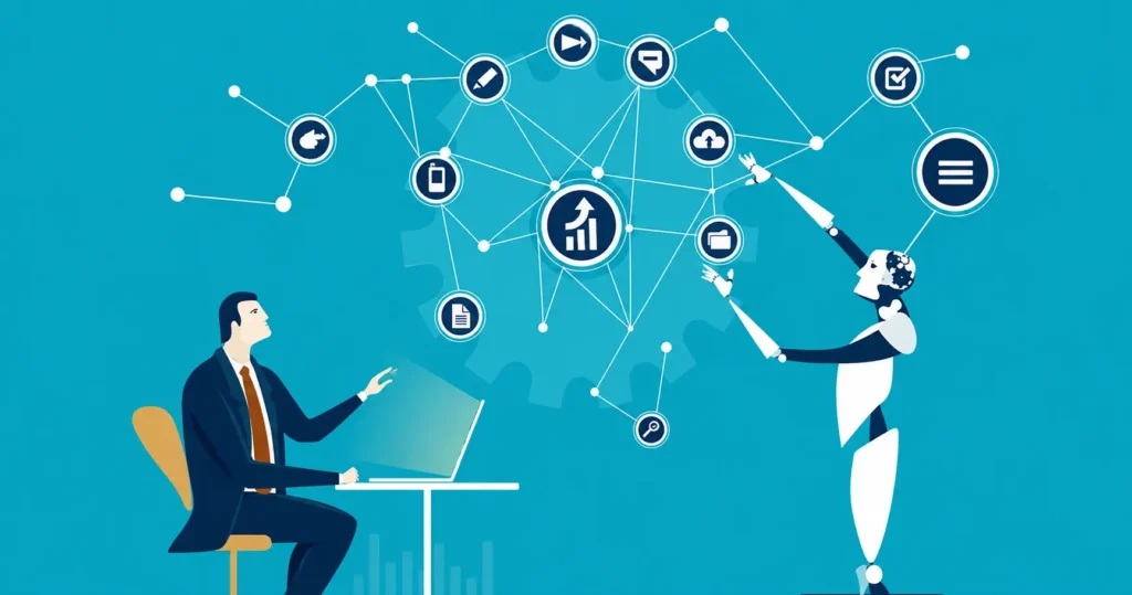 Illustration of a business professional working with an AI-powered assistant through a digital network to enhance automation, collaboration, and productivity.