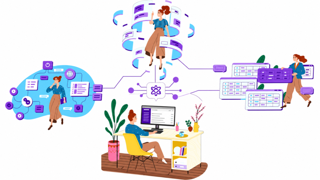 Illustration showing AI-powered workflow automation, task management, data organization, and team collaboration across connected digital platforms.