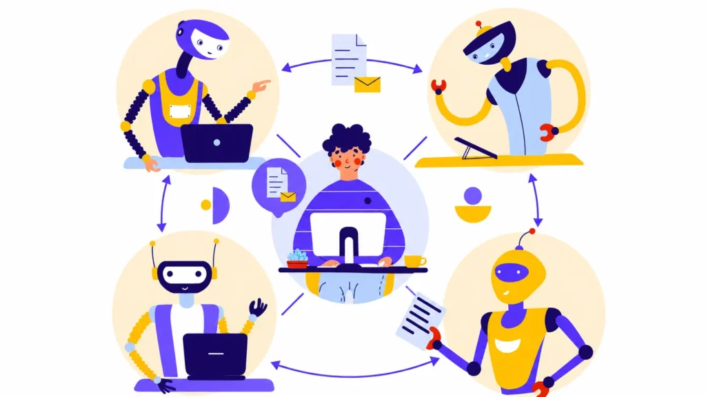 Illustration of a person working at a computer while collaborating with four robots through shared documents and messages.