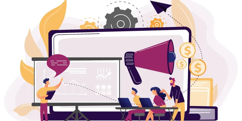 B2B lead generation strategy illustration with marketing team, megaphone, analytics chart, and business growth icons