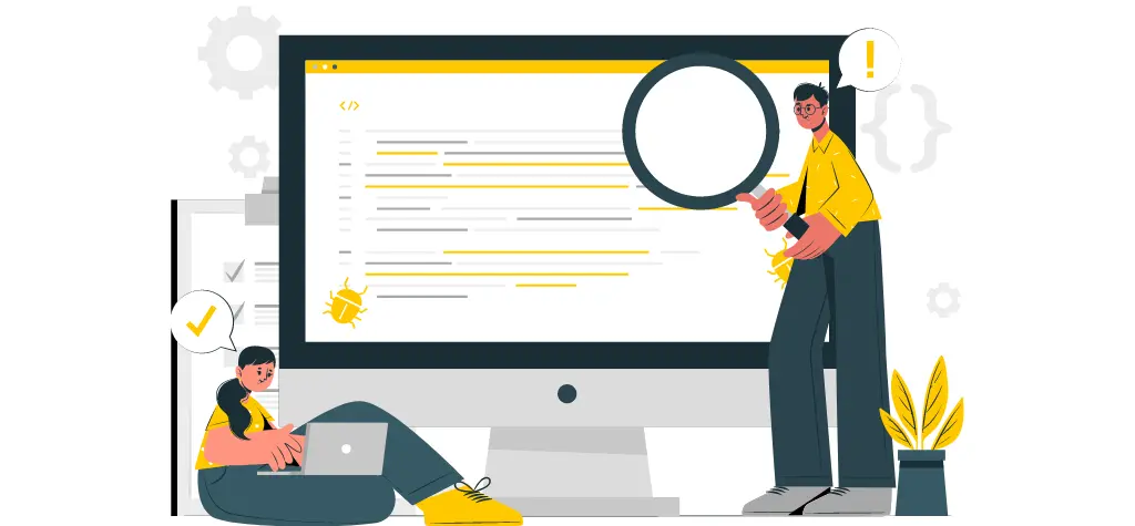 Continuous testing illustration showing developers checking code quality, bugs, and website performance