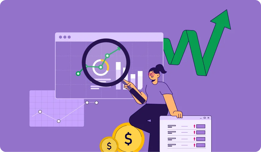 Illustration of content creation and optimization with a writer editing website content on a laptop to improve search engine rankings.