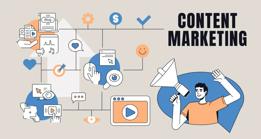 Content marketing strategy with blog posts, social media, and digital growth icons