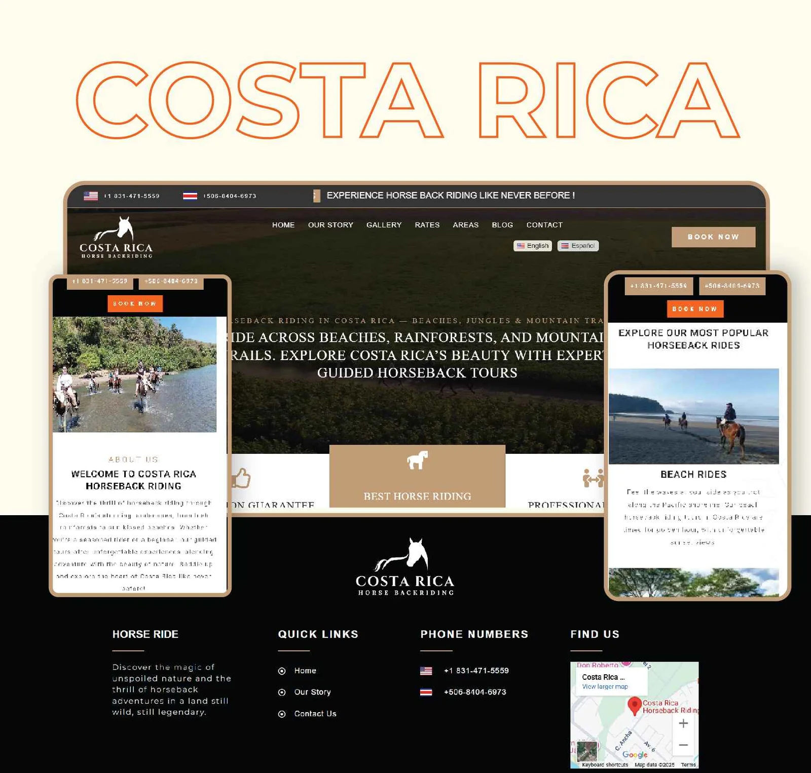 portfolio Costa Rica Horseback Riding website layout showing tour pages, booking sections and mobile previews