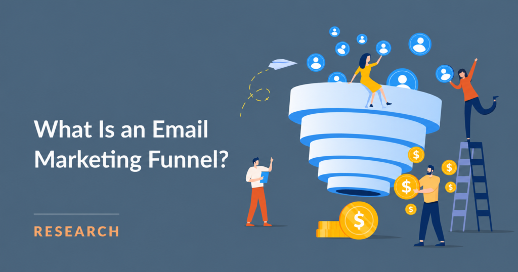 What Is an Email Marketing Funnel? Illustration showing a digital conversion funnel turning audience contacts into sales and revenue.