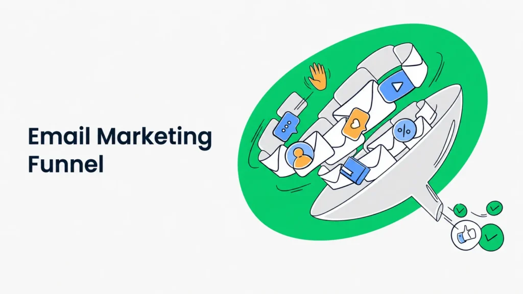 Email Marketing Funnel illustration showing promotional emails, audience messaging, and conversion elements flowing through a funnel.