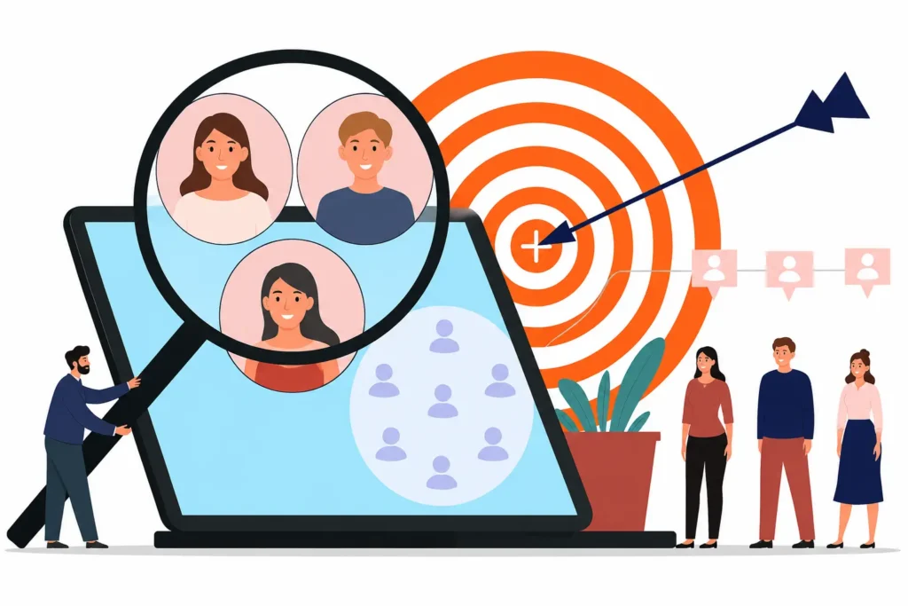 Audience targeting illustration showing a magnifying glass identifying potential customers on a laptop beside a marketing target.