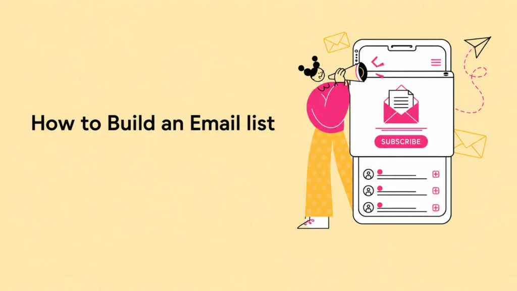 How to Build an Email List using a mobile subscription form and email signup illustration.