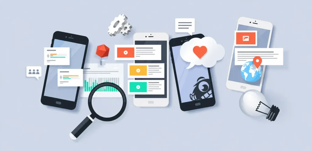 Mobile devices displaying digital content, analytics, audience engagement, location tracking, and marketing tools.