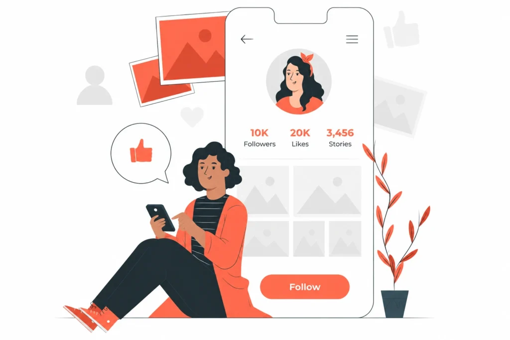 Woman using a smartphone beside a social media profile showing followers, likes, stories, and a follow button