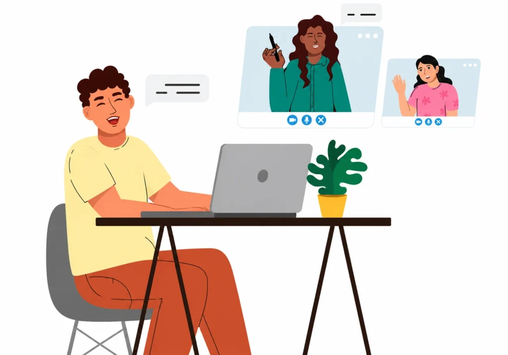 Person joining an online video meeting and engaging with colleagues through a laptop.