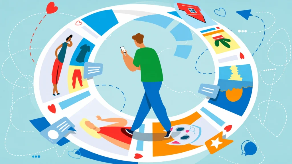 Person browsing social media content and posts within a circular digital feed.