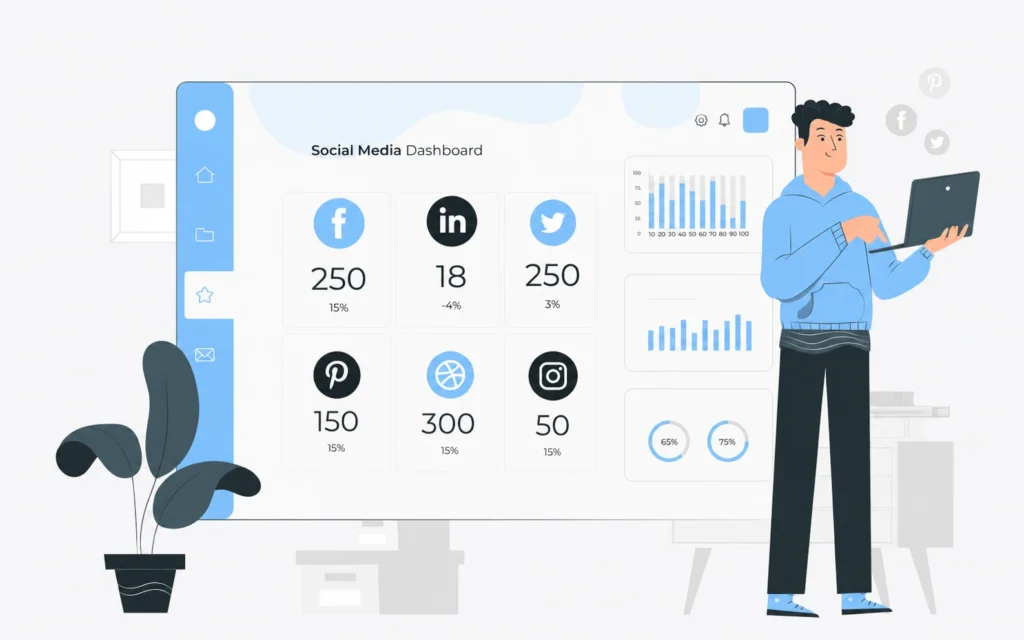 Person reviewing social media performance metrics and analytics on a digital dashboard using a laptop.