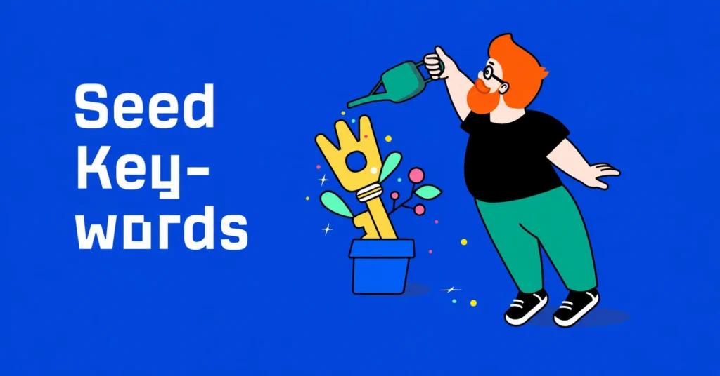 Illustration of a man watering a key-shaped plant beside the words “Seed Keywords” on a blue background.