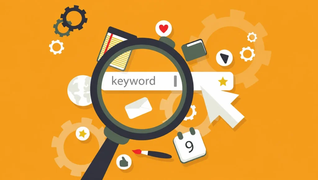 Keyword Research for Beginners illustration featuring a magnifying glass over a keyword search bar with SEO icons, gears, a cursor, calendar, and productivity tools representing keyword analysis and search optimization.