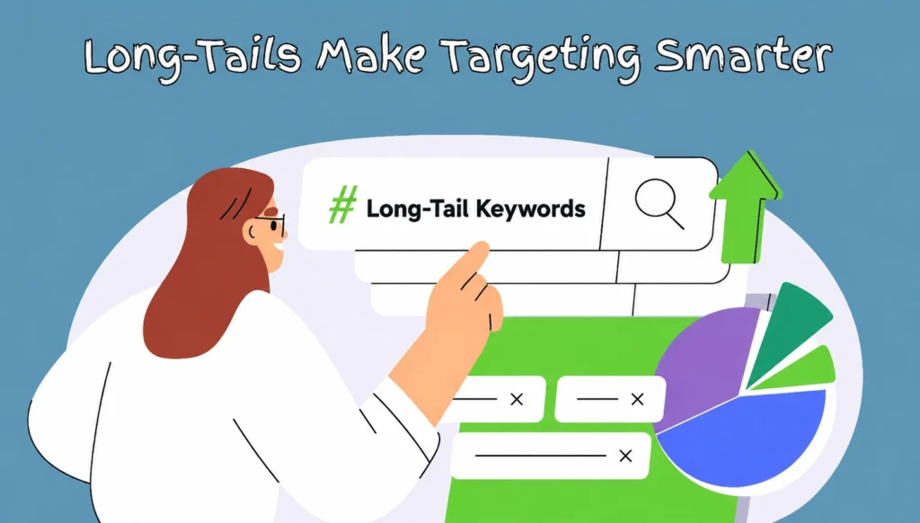 Illustration of a woman analyzing long-tail keywords, search results, and a pie chart with the text “Long-Tails Make Targeting Smarter.