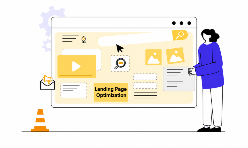 illustration showing landing page optimization tips with a website interface, content sections, and design elements to improve conversions.