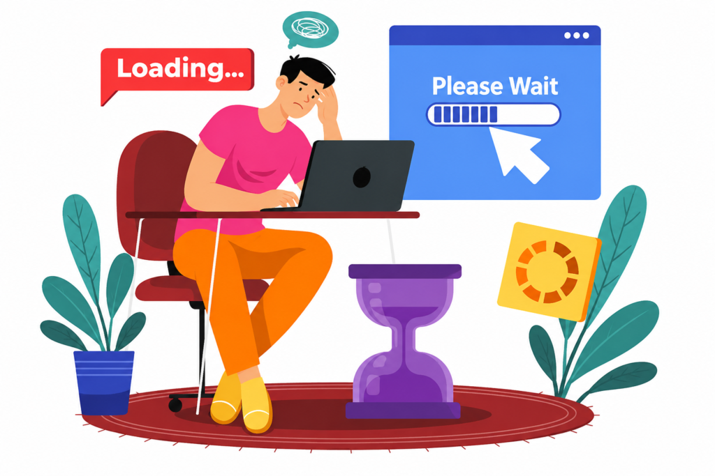 Illustration of a user waiting for a webpage to load, highlighting landing speed optimization and website performance improvements.