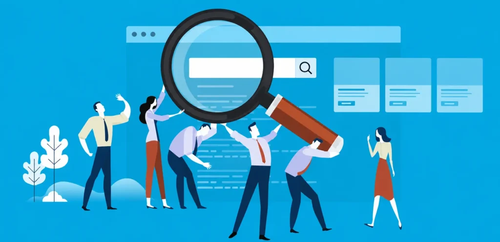 Search engine optimization illustration showing people analyzing website search results with a magnifying glass.