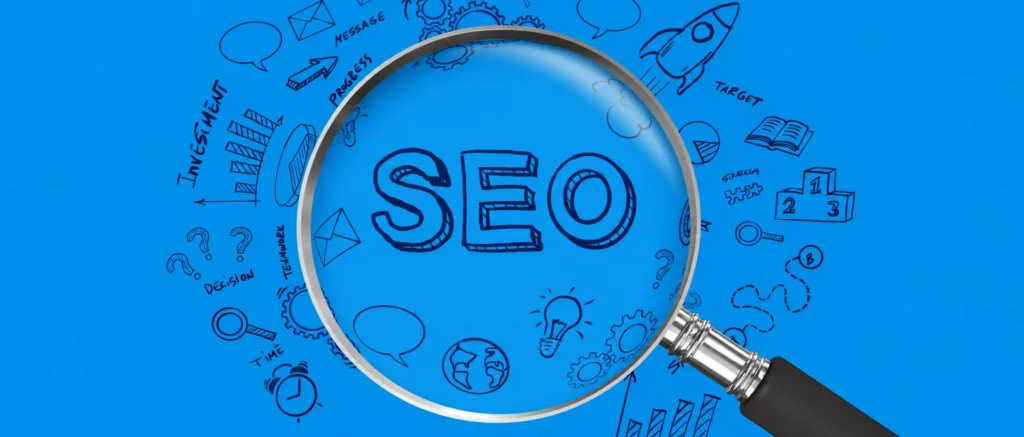 SEO concept illustration with magnifying glass highlighting SEO strategy, keywords, and digital marketing elements