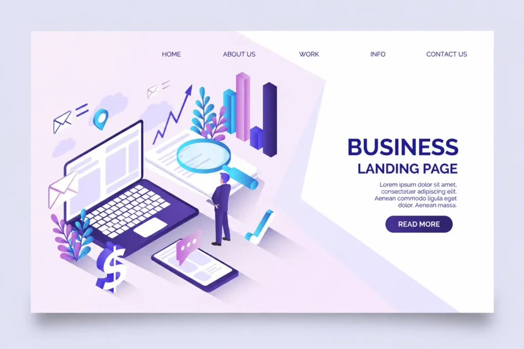 Modern business landing page design with laptop illustration, analytics charts, magnifying glass, and call-to-action button layout.