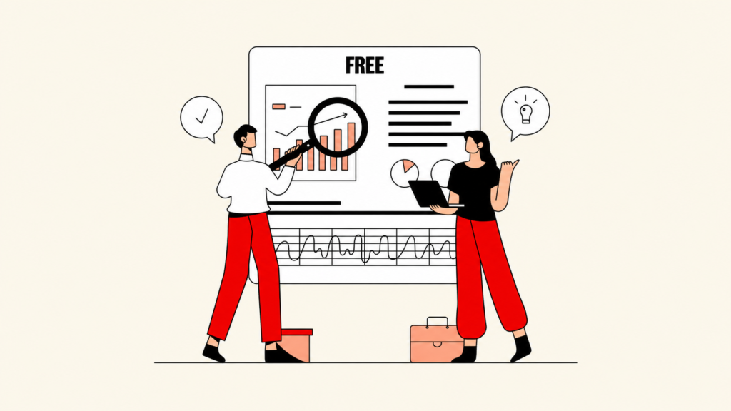 Illustration of two professionals analyzing charts and market data using free product research tools.