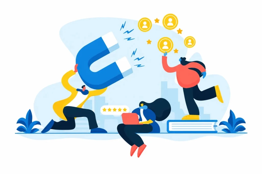 Illustration of a large magnet attracting customer profile icons, symbolizing lead generation, engagement, and customer acquisition.