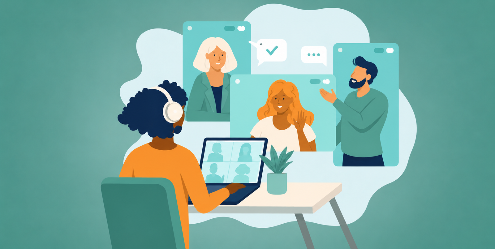 Illustration of a professional attending an online webinar with multiple participants displayed in video call windows.