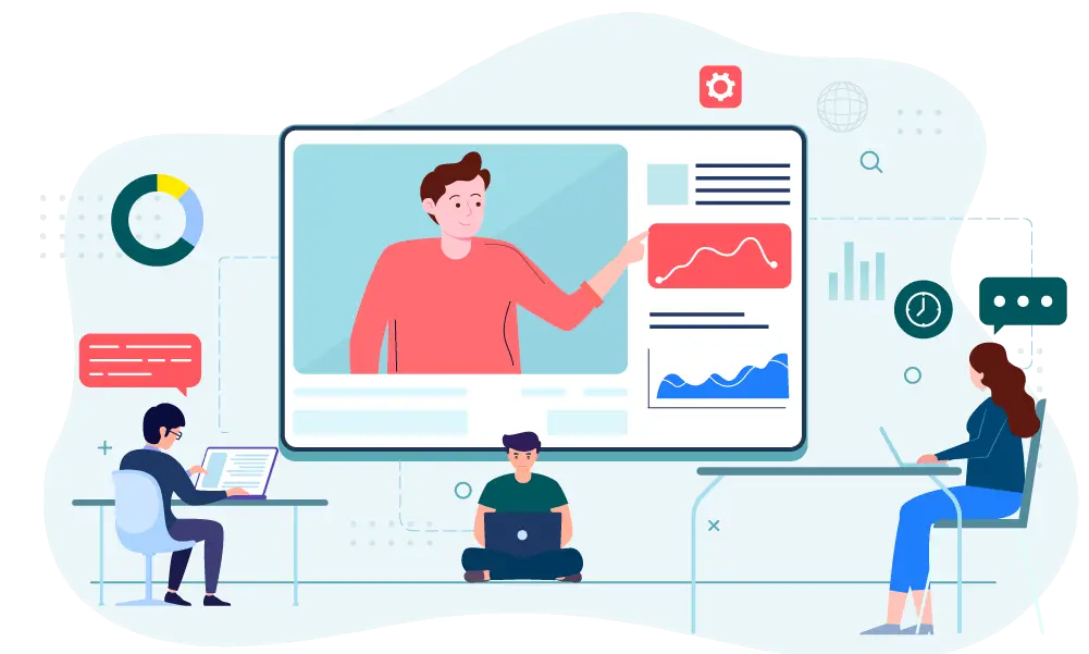 Illustration of a magnet attracting audience profile icons, representing webinar lead generation and attendee engagement.