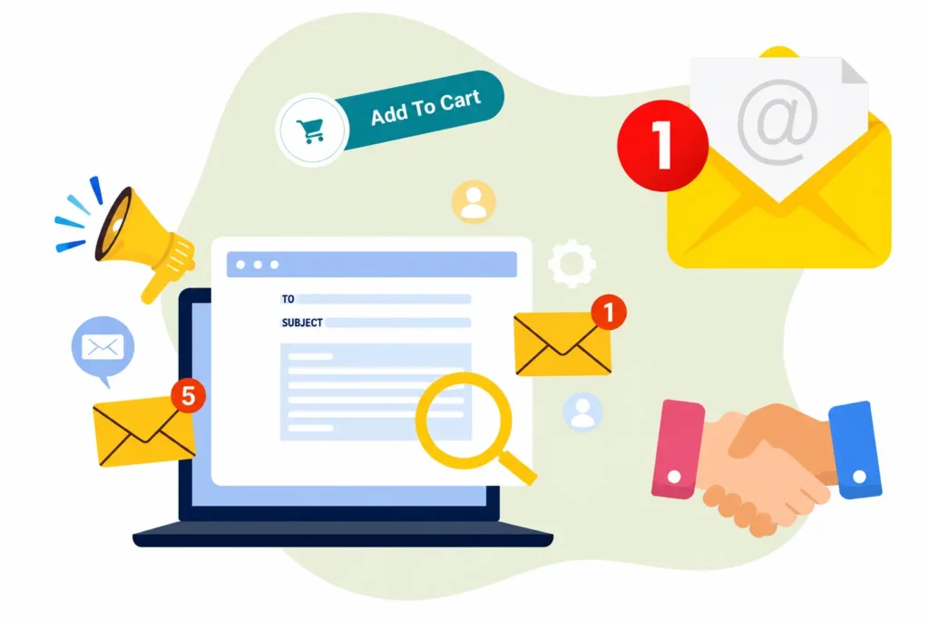 Illustration of email marketing with a laptop, message notifications, an add-to-cart button, a megaphone, and a handshake representing customer engagement and online sales.