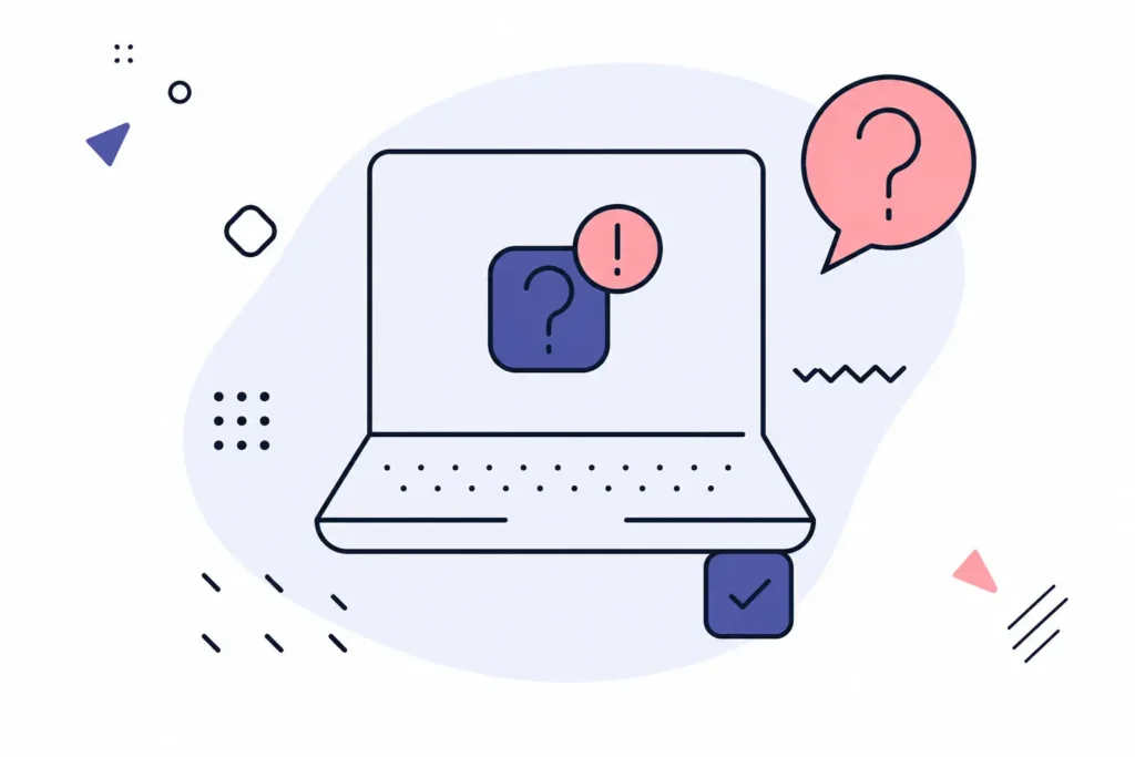 Illustration of a laptop displaying question and alert icons, representing website problems, unclear messaging, or technical troubleshooting.