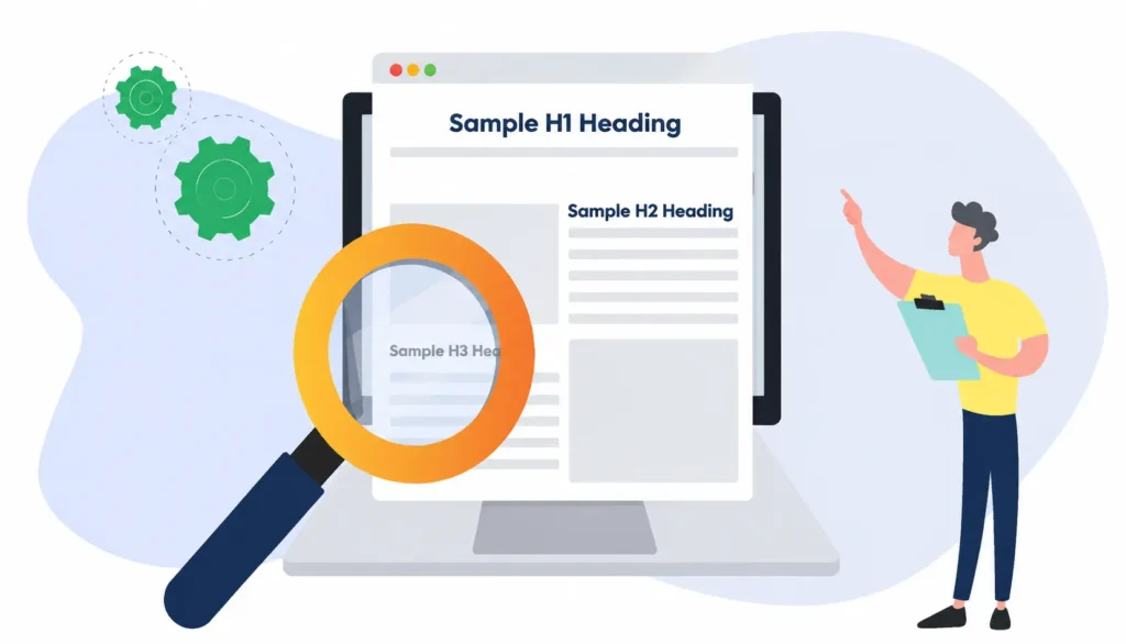 Illustration showing H1, H2, and H3 heading tags, webpage content structure, and content optimization for better search rankings