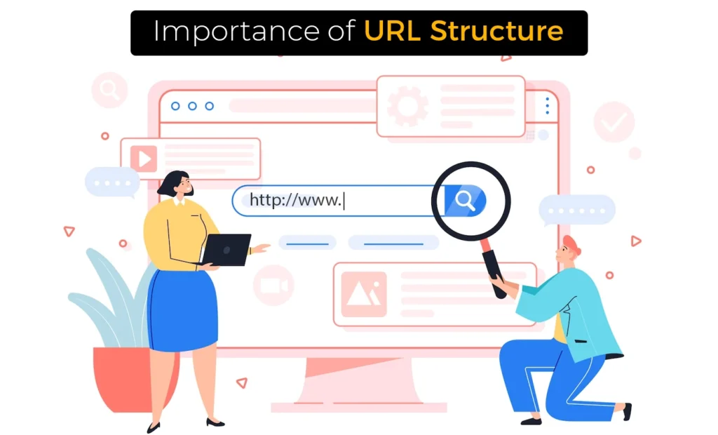 Illustration of website URL optimization featuring clean, keyword-rich URLs for better on-page SEO performance