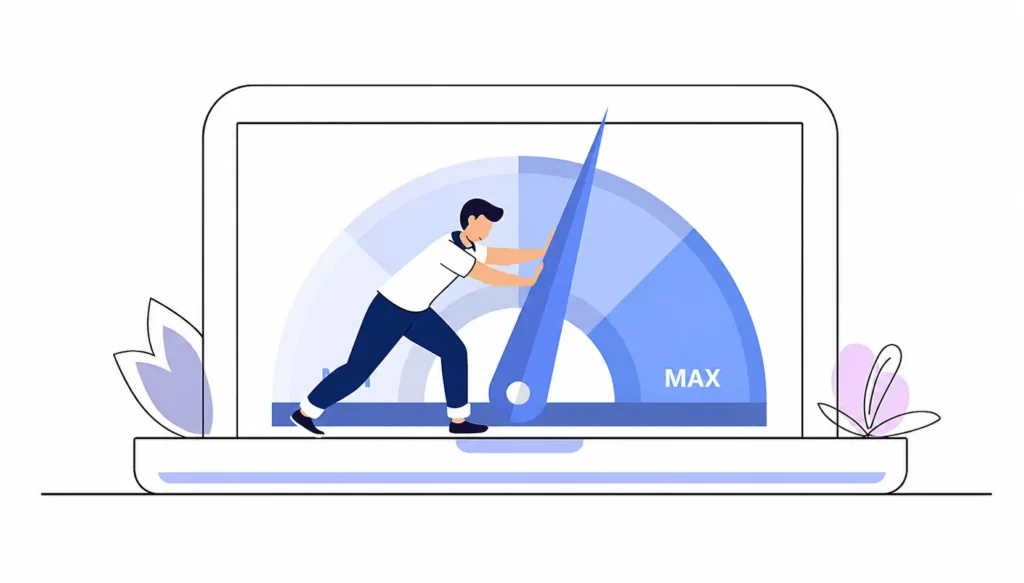 llustration of website speed optimization with a laptop performance gauge, representing faster page loading, improved user experience, and better on-page SEO.