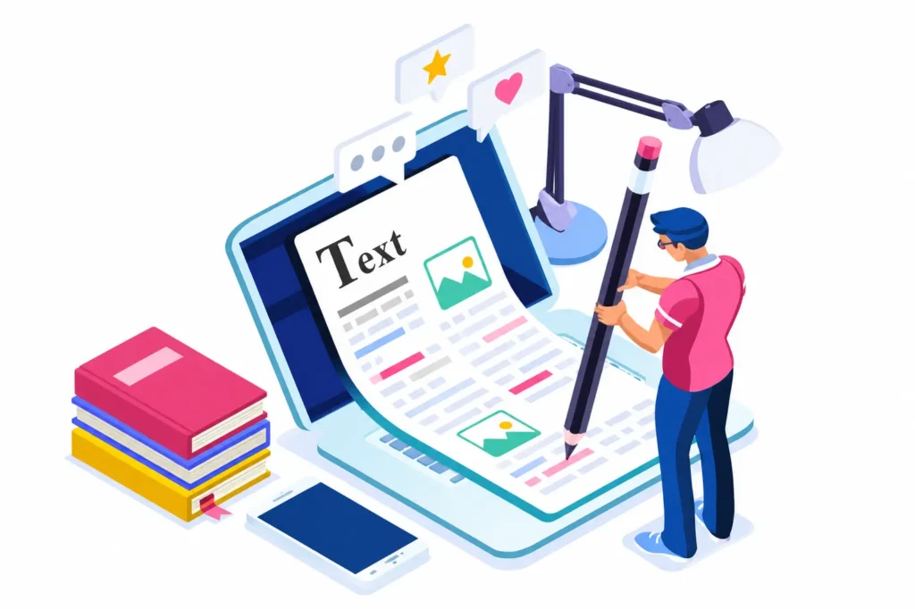 Illustration of content creation and optimization with a writer editing website content on a laptop to improve search engine rankings