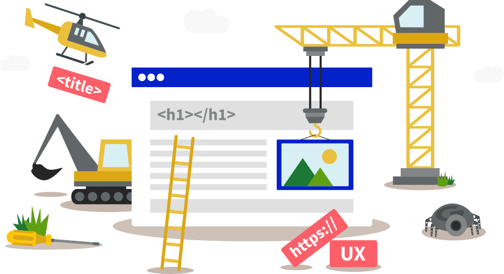 Illustration of on-page SEO showing content creation, keyword optimization, and website content editing for improved rankings
